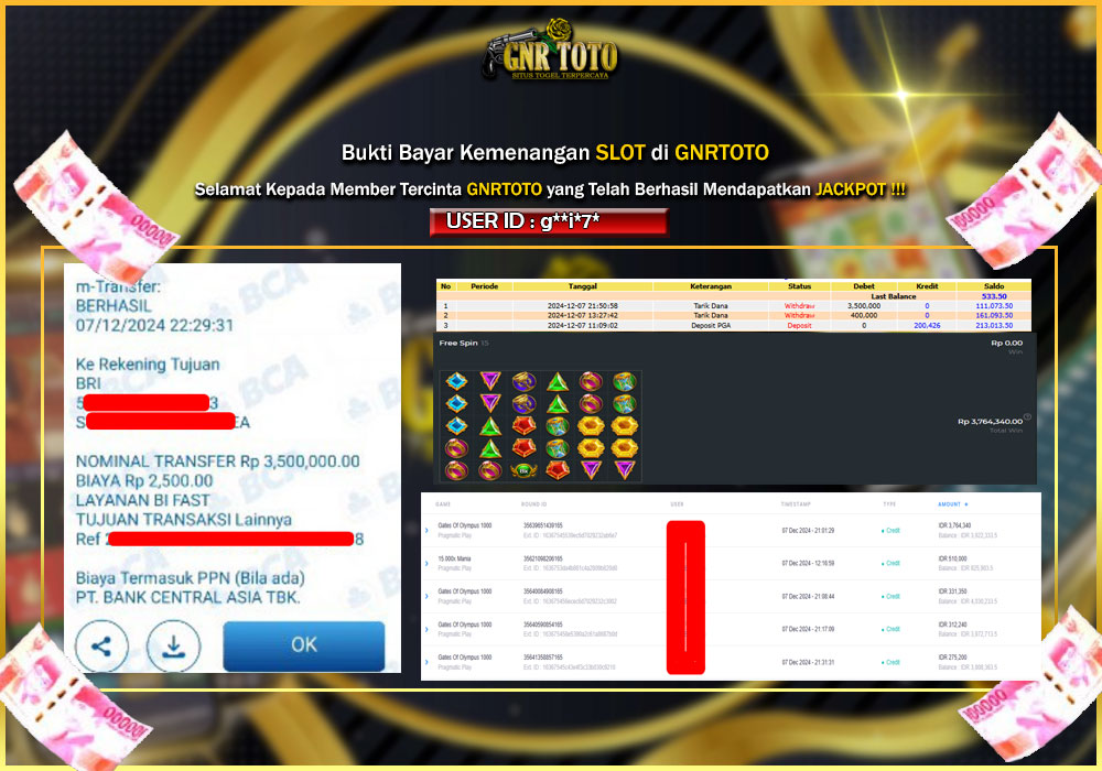 BUKTI KEMENANGAN MEMBER GNRTOTO SLOT Pada Permainan Gates Of Olympus 1000 Pragmatic Play !!!